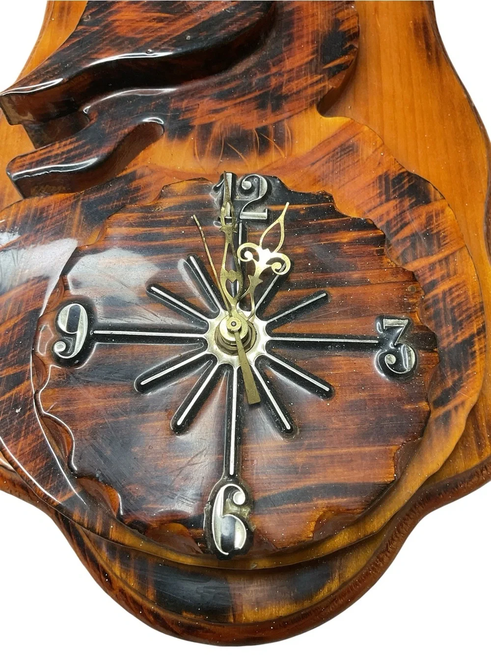 Vintage Hand Carved Owl Wall Clock Wood Mid Century Style Quartz Hanging Decor